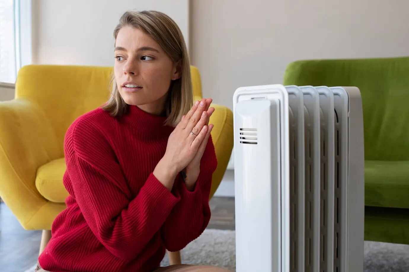 Medium shot of a woman warming herself near a heater.