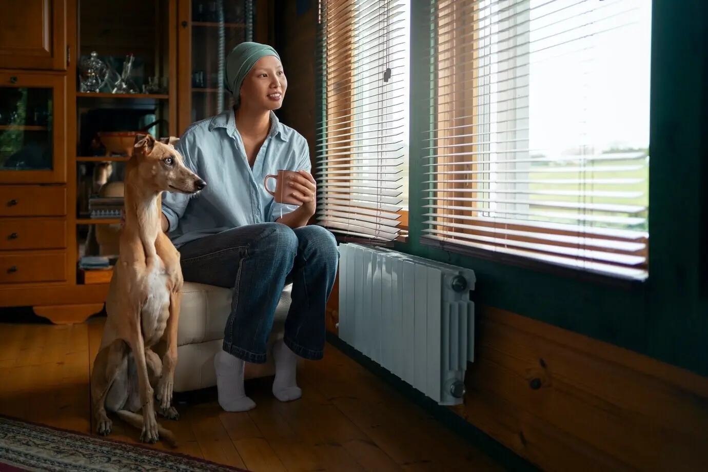 A portrait depicting a woman with cancer having a drink at home.