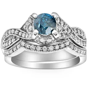 1 1/2ct Blue Diamond Engagement Ring Infinity Set 14K White Gold