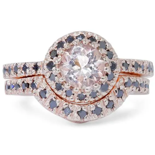 1 1/2ct Morganite & Black Diamond Halo Engagement Ring Set 14K Rose Gold