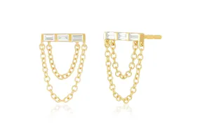 14K Gold Diamond Baguette Double Chain Stud