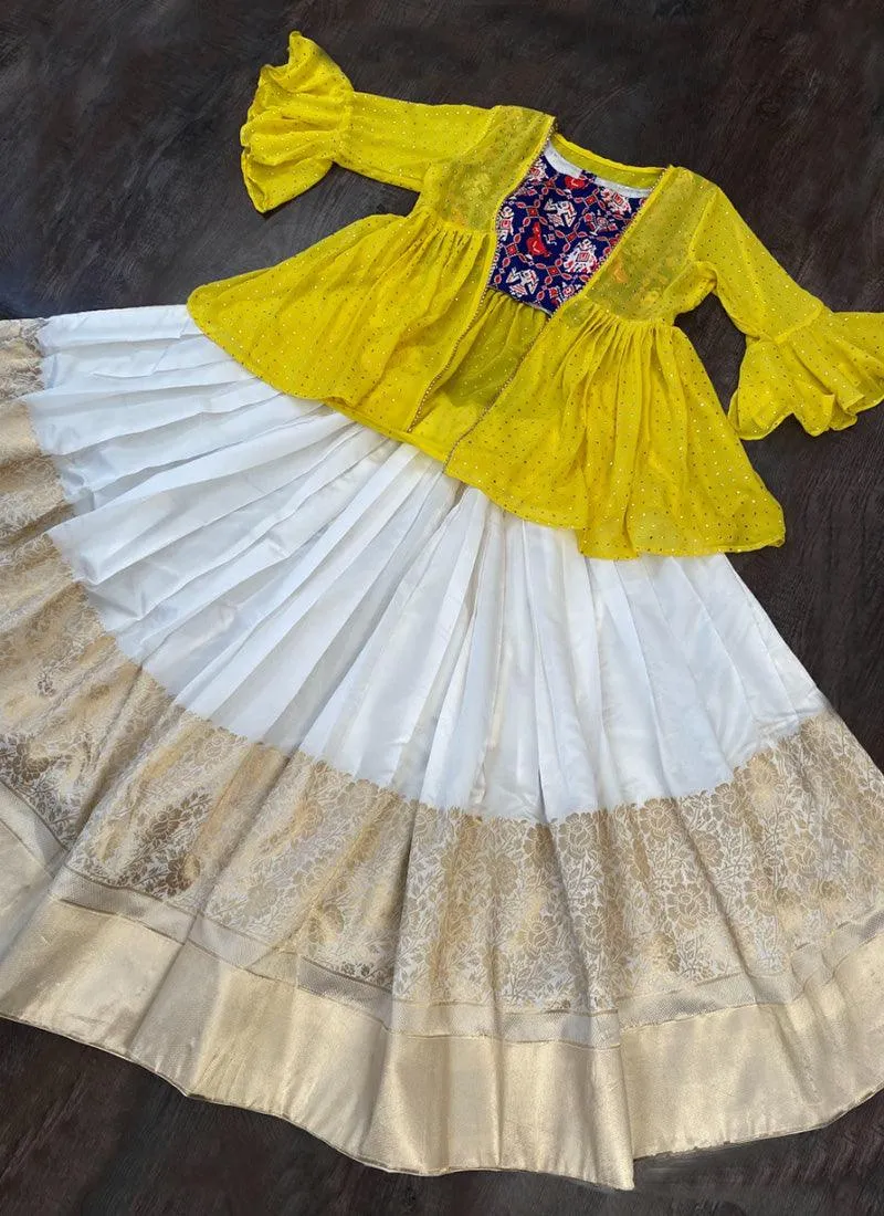 Adorable Off White Color Silk Fabric Silk Weave And Zari Work Lehenga Choli