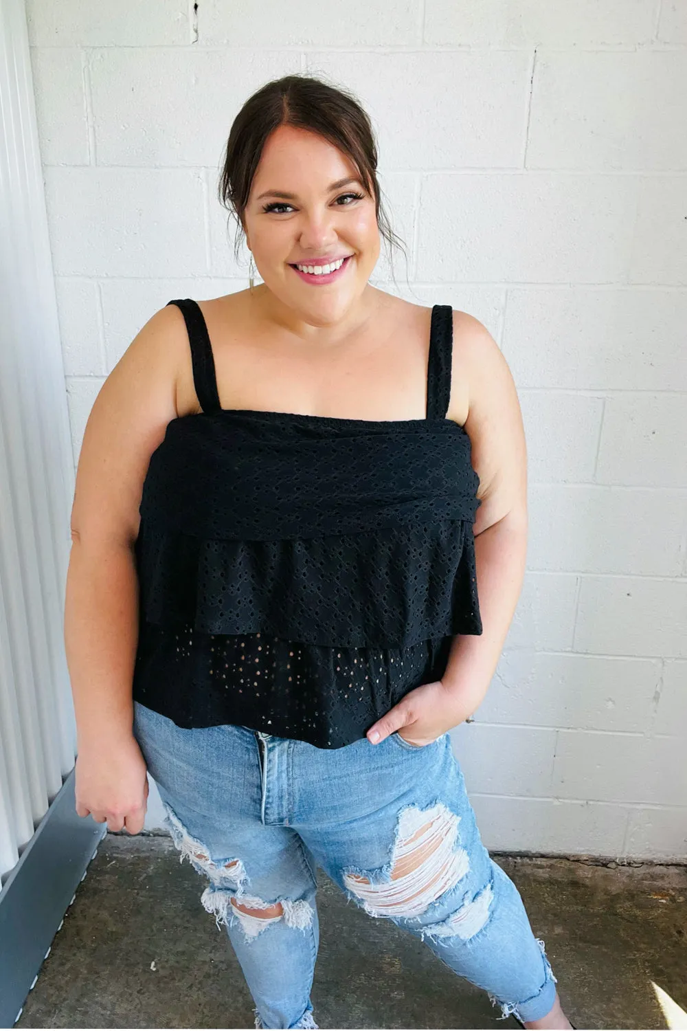 Black Eyelet Tiered Sleeveless Lined Top