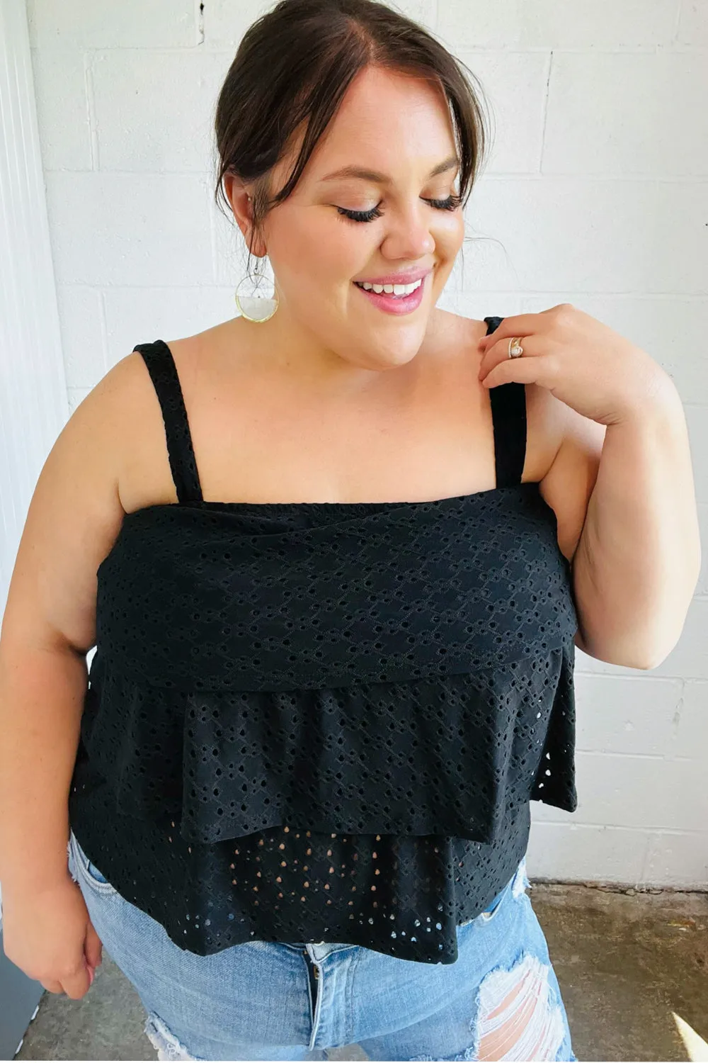 Black Eyelet Tiered Sleeveless Lined Top