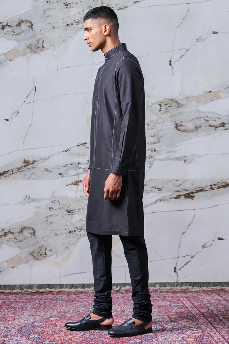 Black Kurta With Shadow Bundi Stitch Detail