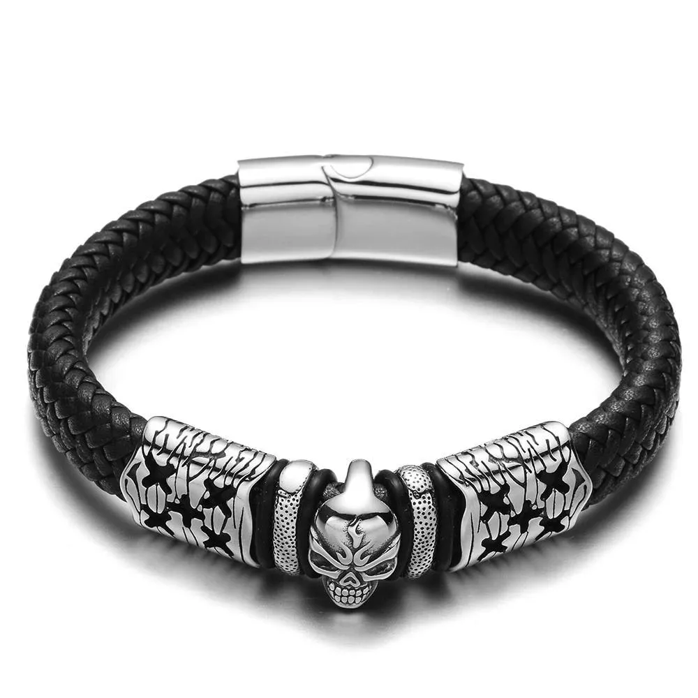 Black/Brown Braided Leather Stainless Steel Punk Skull Bracelet