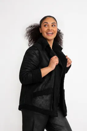 Boucle Shearling Faux Leather Moto Jacket | Black