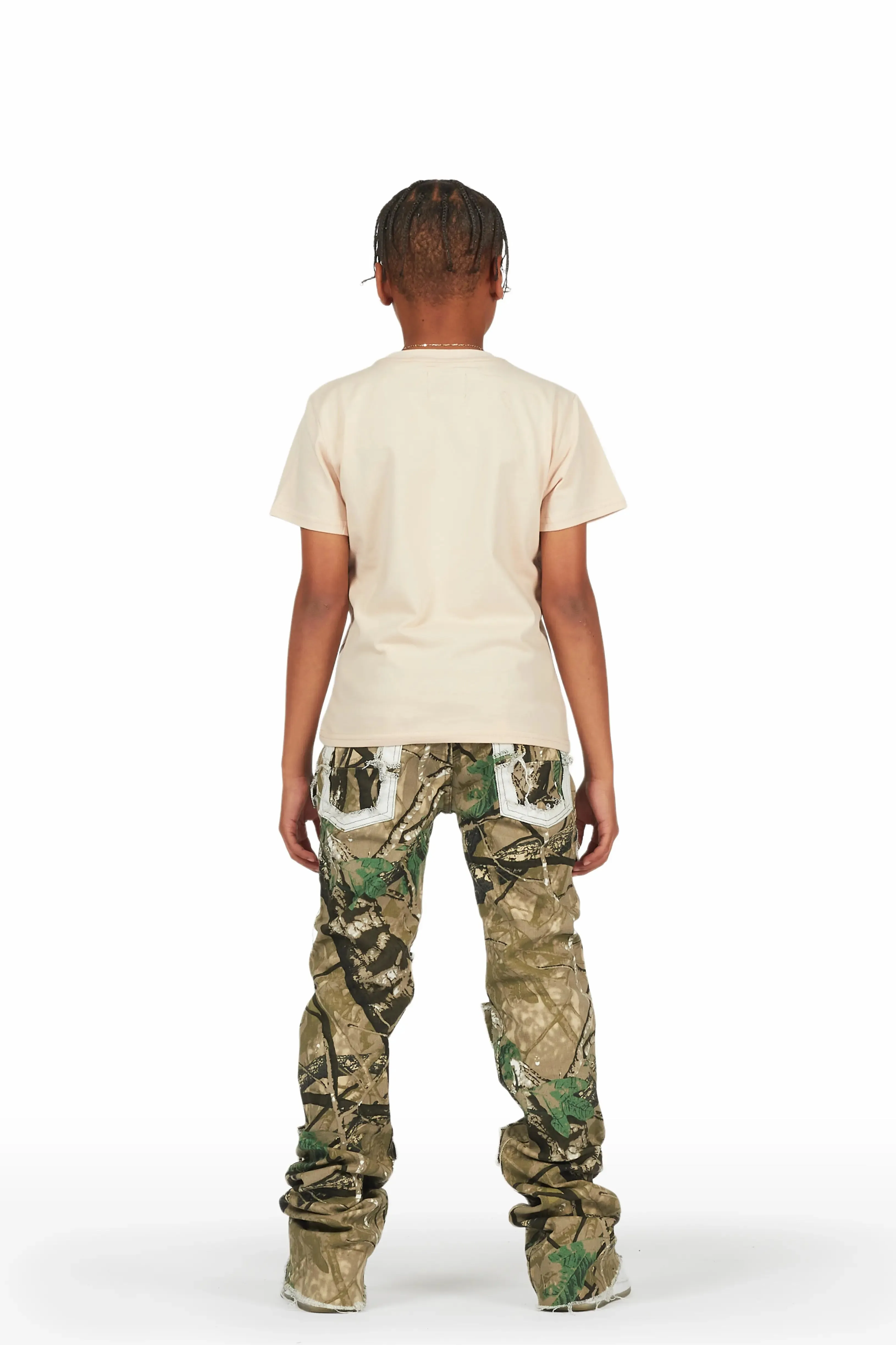 Boys Firdaus Beige Camo T-Shirt Super Stacked Flare Jean Set