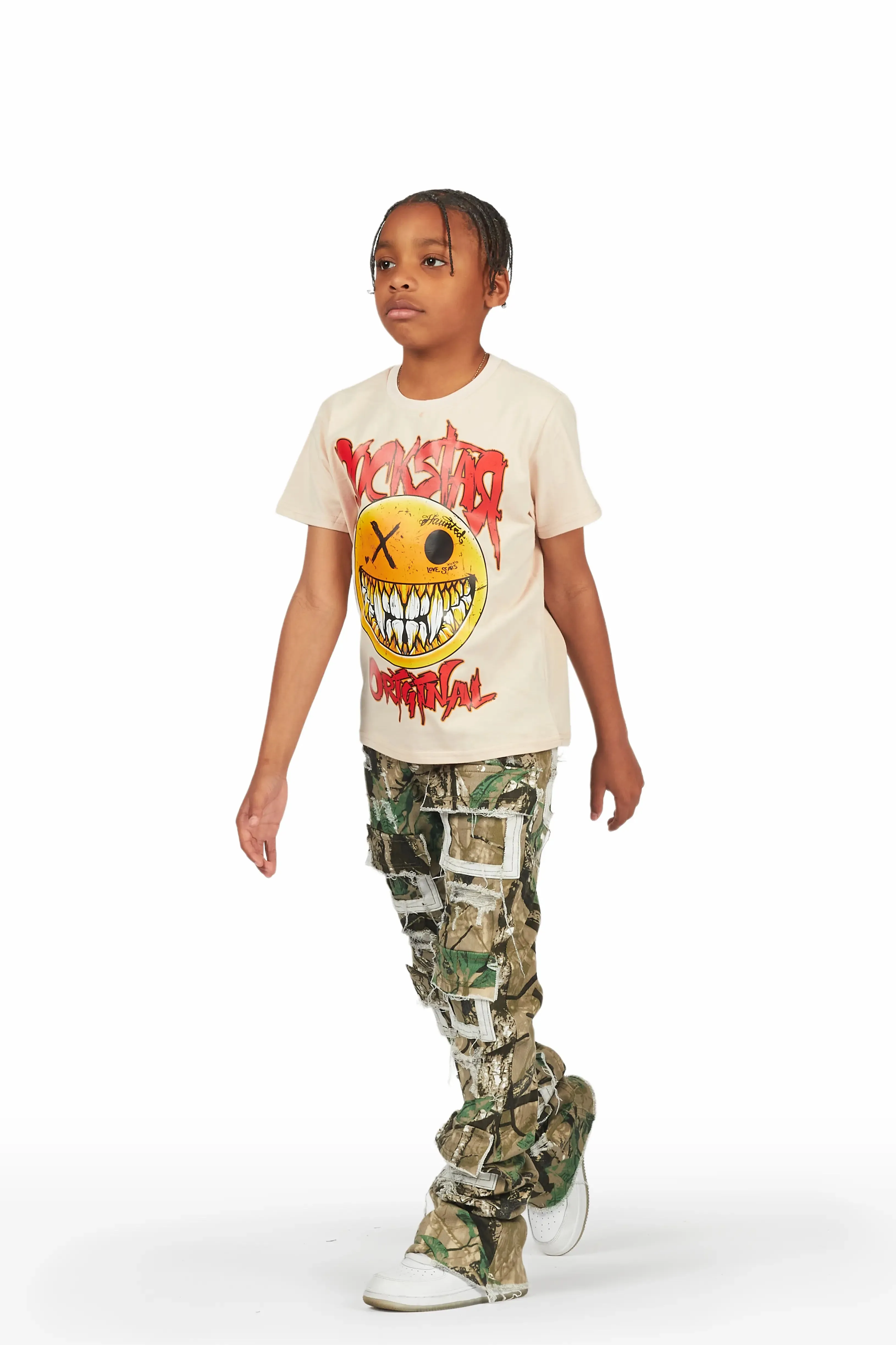 Boys Firdaus Beige Camo T-Shirt Super Stacked Flare Jean Set