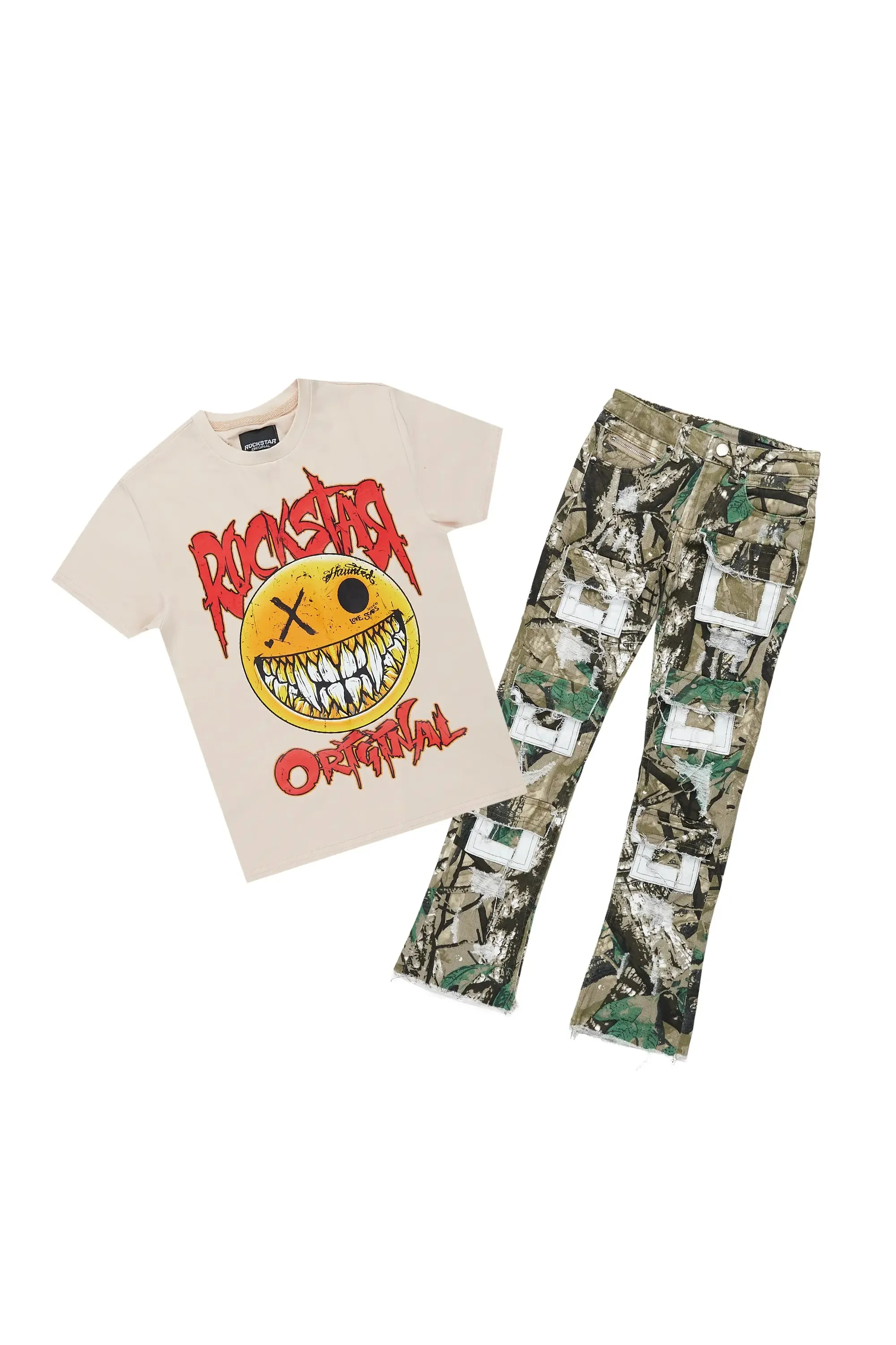 Boys Firdaus Beige Camo T-Shirt Super Stacked Flare Jean Set