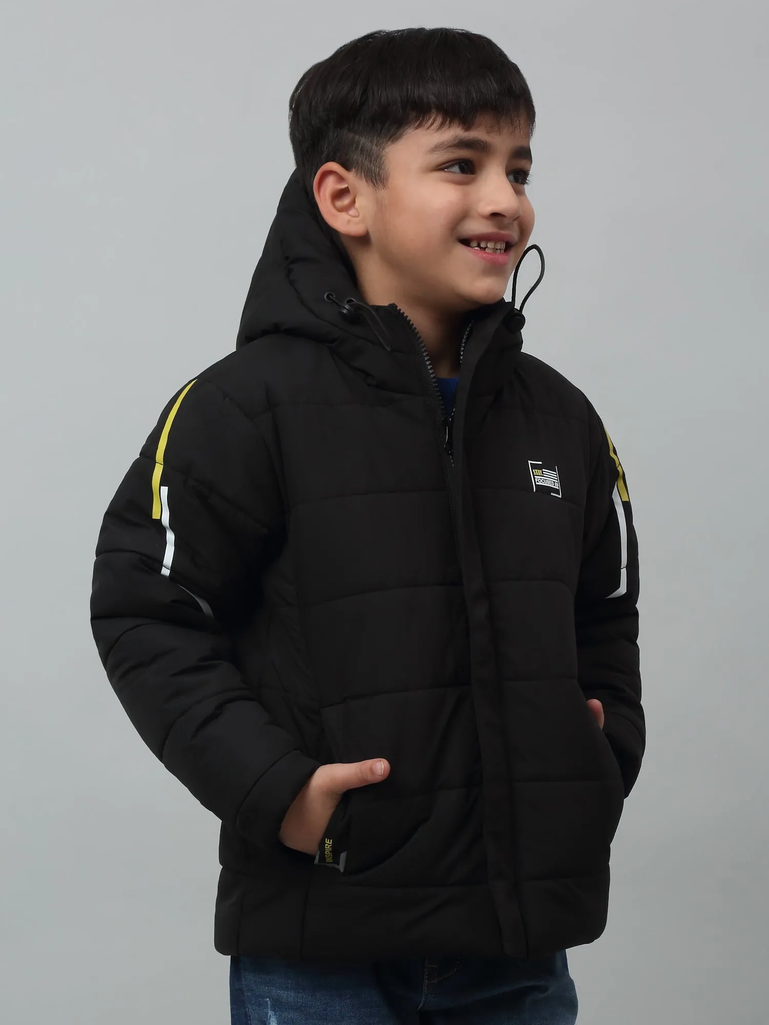 Cantabil Boys Black Hooded Neck Solid Casual Jacket For Winter