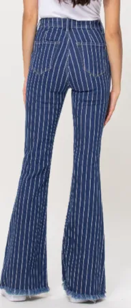 Cello Women's Stripe High Rise Super Flare Jean with Fray Hem