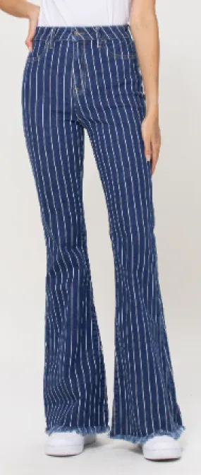 Cello Women's Stripe High Rise Super Flare Jean with Fray Hem