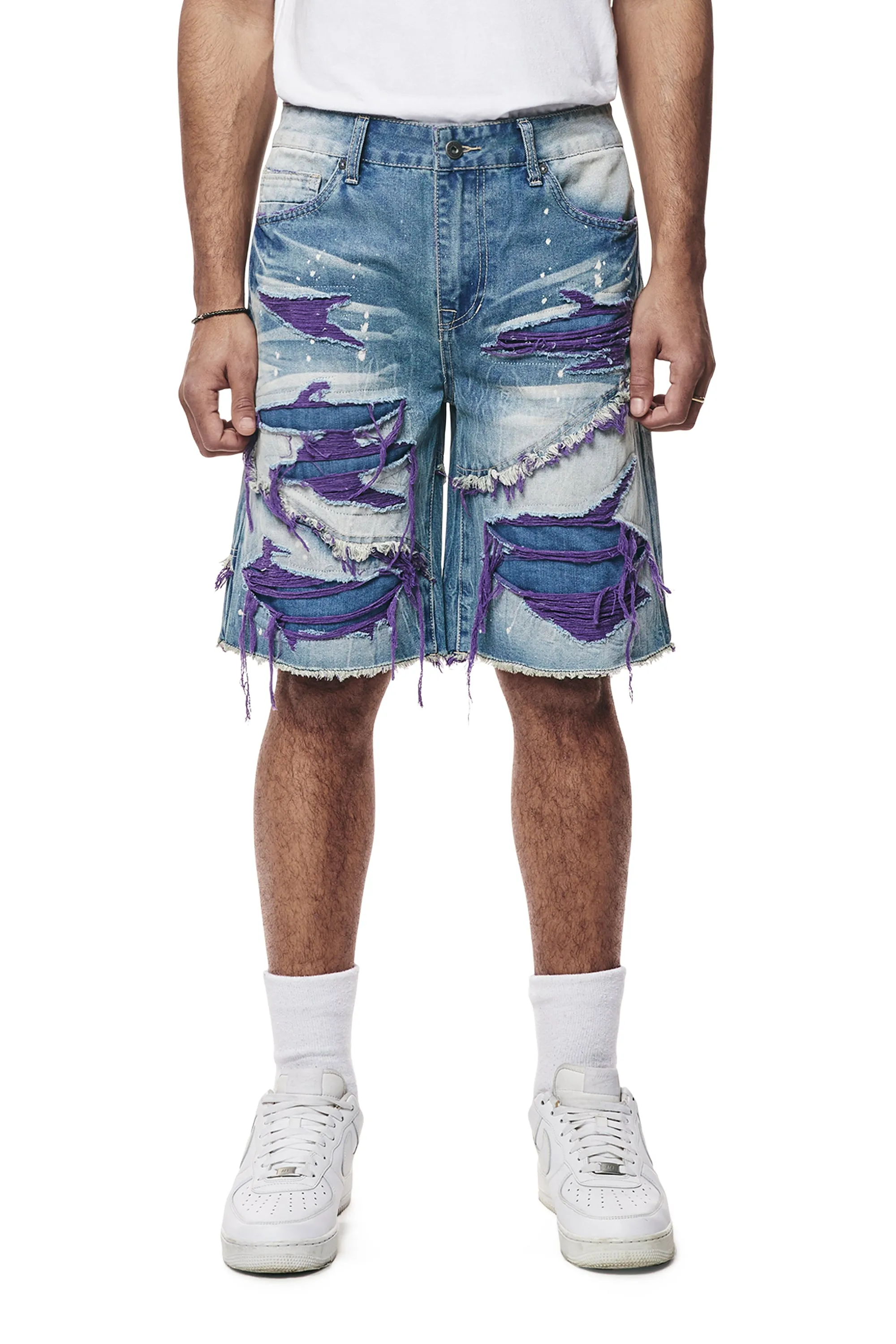 Color Wash Heavy Rip & Repair Jean Shorts - Purple