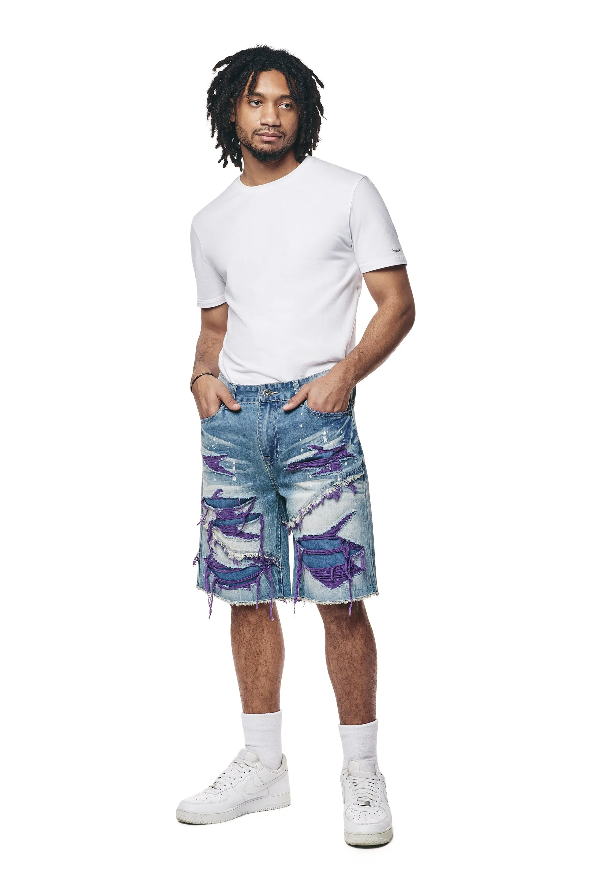 Color Wash Heavy Rip & Repair Jean Shorts - Purple