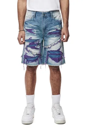 Color Wash Heavy Rip & Repair Jean Shorts - Purple