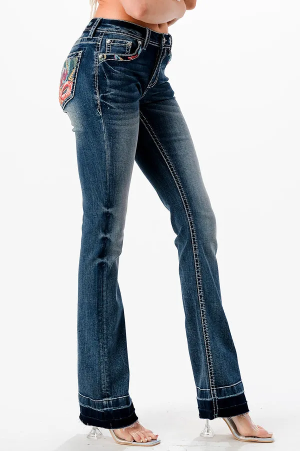 Colorful Floral Embroidery Hem Detail Mid Rise Bootcut Jeans