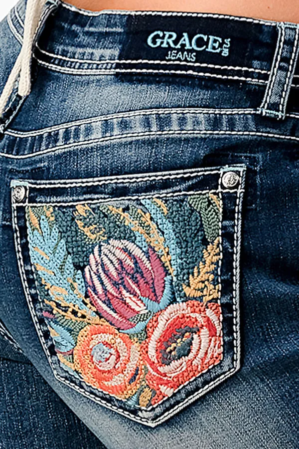 Colorful Floral Embroidery Hem Detail Mid Rise Bootcut Jeans