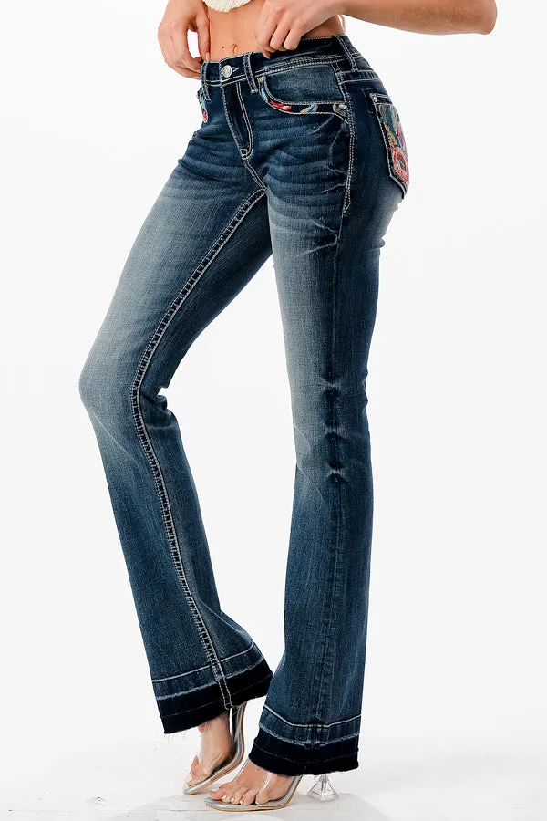 Colorful Floral Embroidery Hem Detail Mid Rise Bootcut Jeans