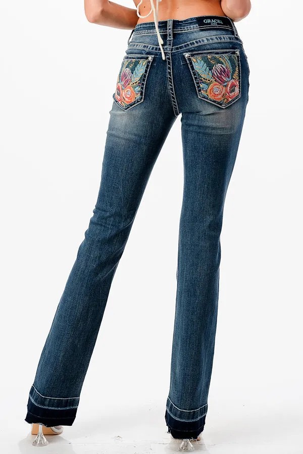 Colorful Floral Embroidery Hem Detail Mid Rise Bootcut Jeans