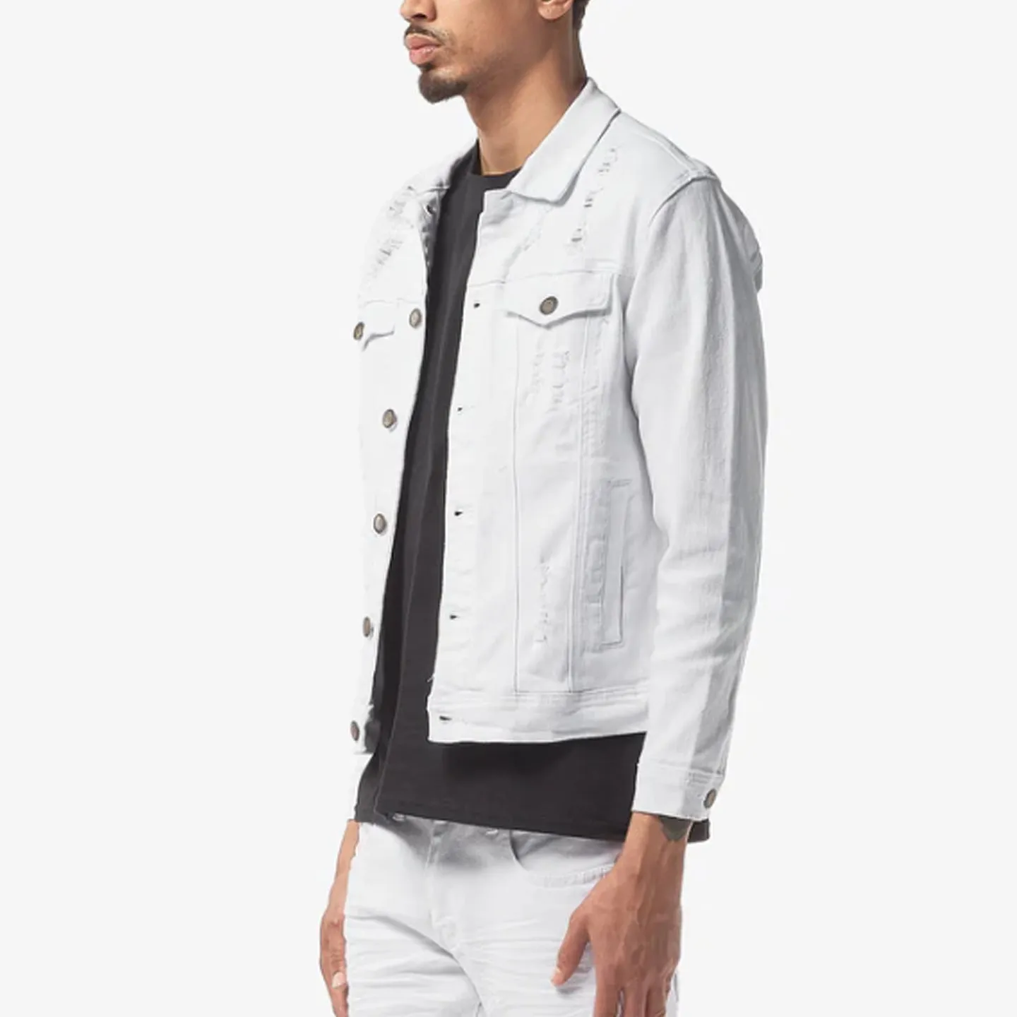 Copper Rivet Ripped Denim Jacket (White)