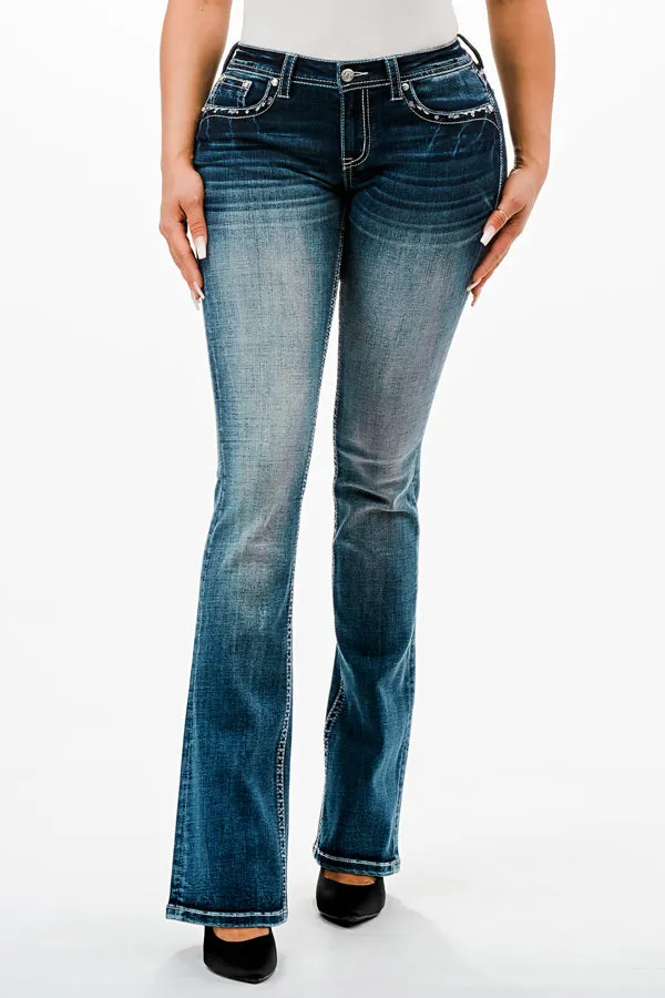 Cross Embellished Mid Rise Bootcut Jeans