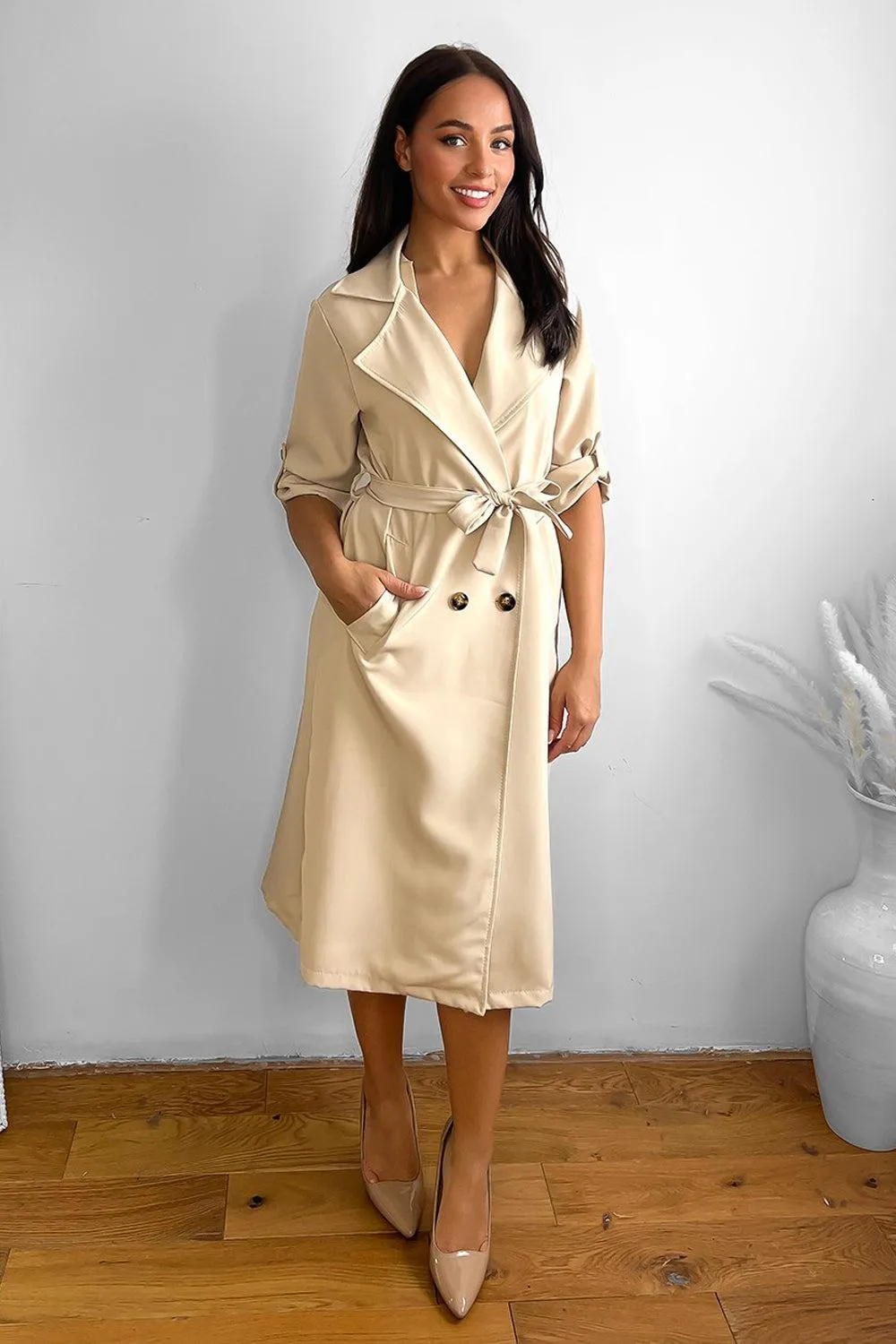 Double Breasted Self Tie Belt Unlined Trench Coat