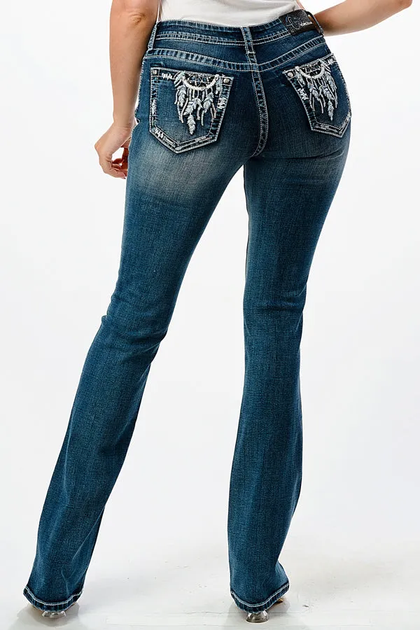 Dream Catcher Embellishment Mid Rise Bootcut Jeans