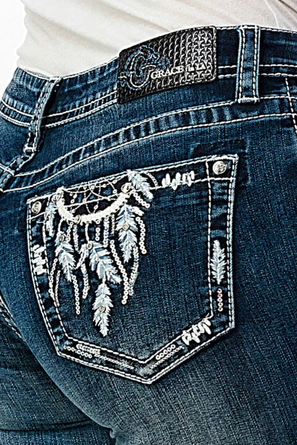 Dream Catcher Embellishment Mid Rise Bootcut Jeans