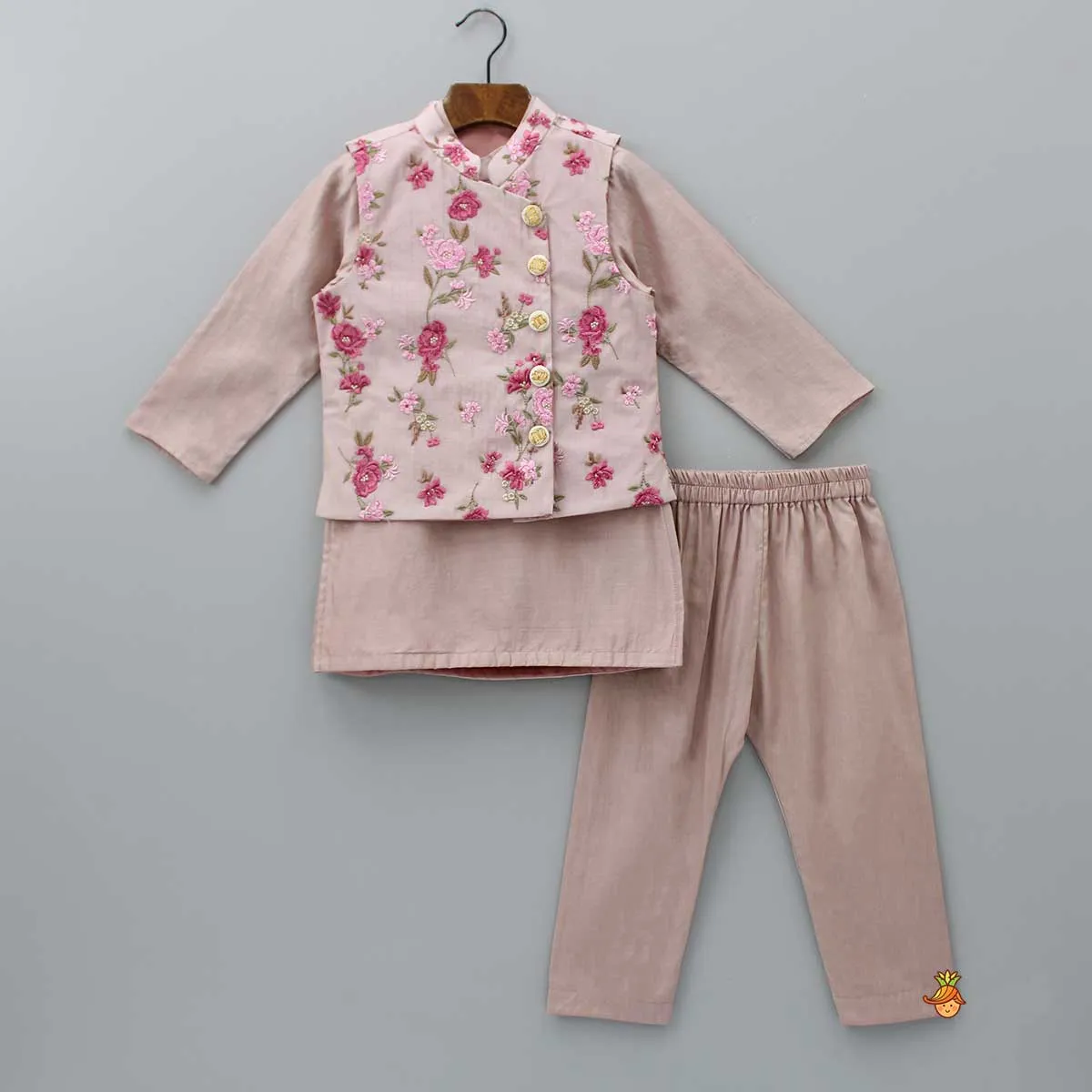 Ethnic Kurta With Pink Floral Embroidered Jacket And Pyjama