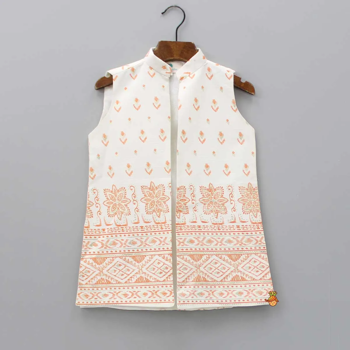 Ethnic Printed Orange Kurta With Jacket And Pyjama