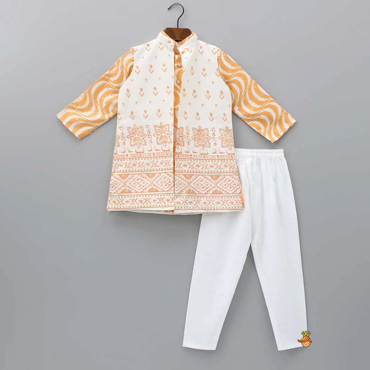 Ethnic Printed Orange Kurta With Jacket And Pyjama