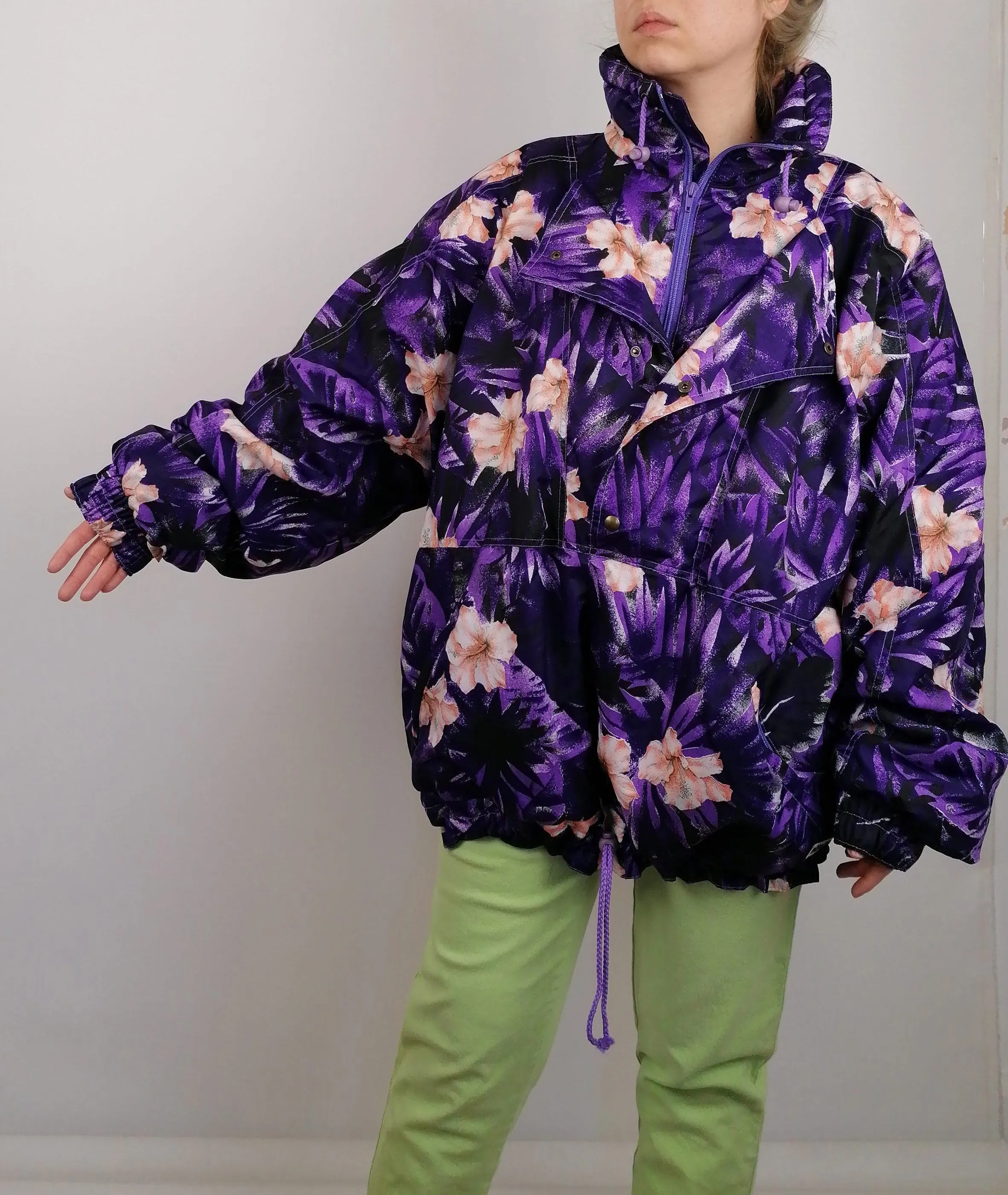 ETIREL 90's Flowers Print Winter Ski 1/4 Zip Anorak Puffer - size L-XL