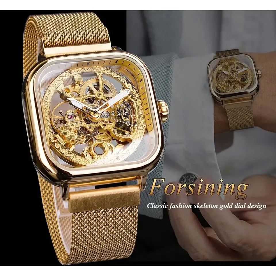 Forsining Men Mechanical Watches Automatic Self-Wind Golden Transparent Fashion Mesh Steel Wristwatch Skeleton Man Male Hot Hour S3599316