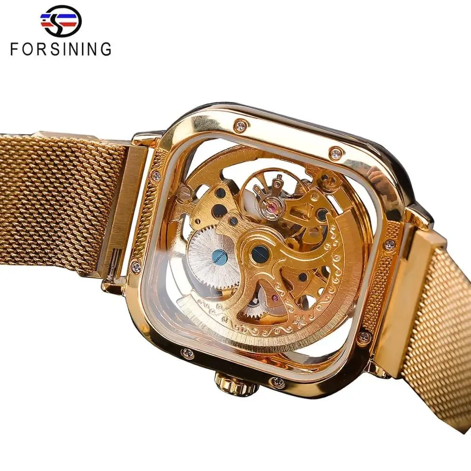 Forsining Men Mechanical Watches Automatic Self-Wind Golden Transparent Fashion Mesh Steel Wristwatch Skeleton Man Male Hot Hour S3599316