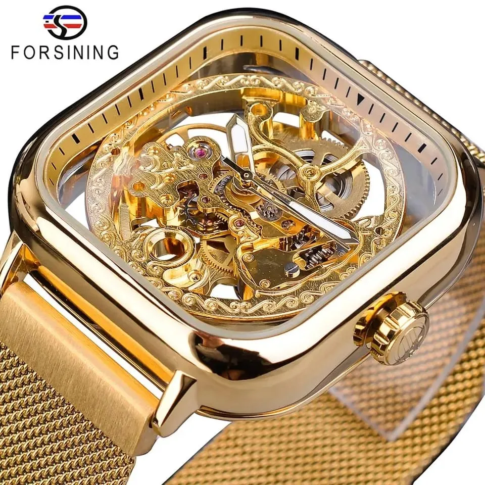 Forsining Men Mechanical Watches Automatic Self-Wind Golden Transparent Fashion Mesh Steel Wristwatch Skeleton Man Male Hot Hour S3599316