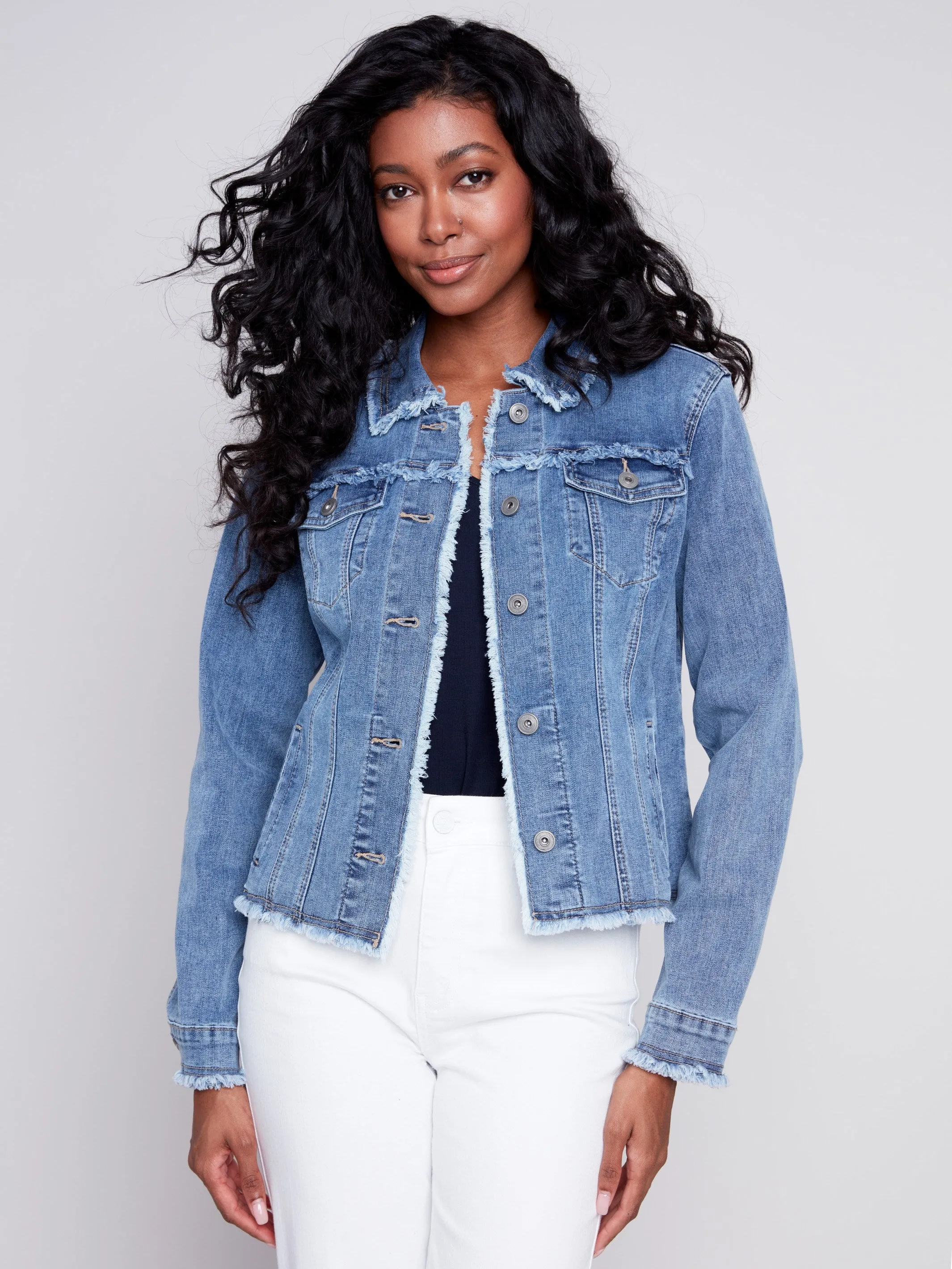 Jean Jacket with Frayed Edges - Medium Blue