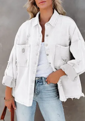 Light Weight Distressed Denim Jacket | White