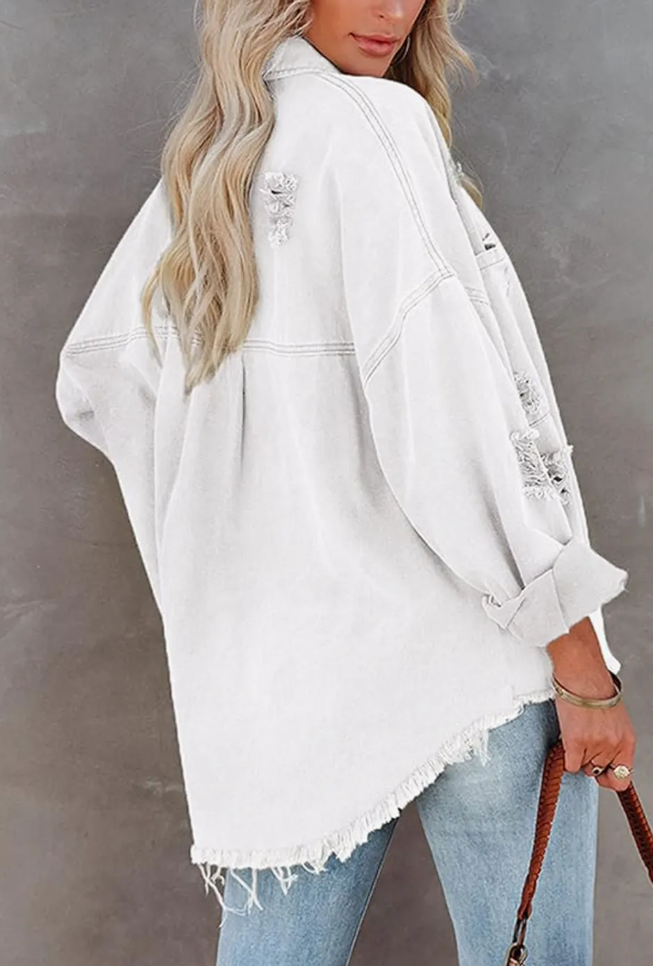 Light Weight Distressed Denim Jacket | White