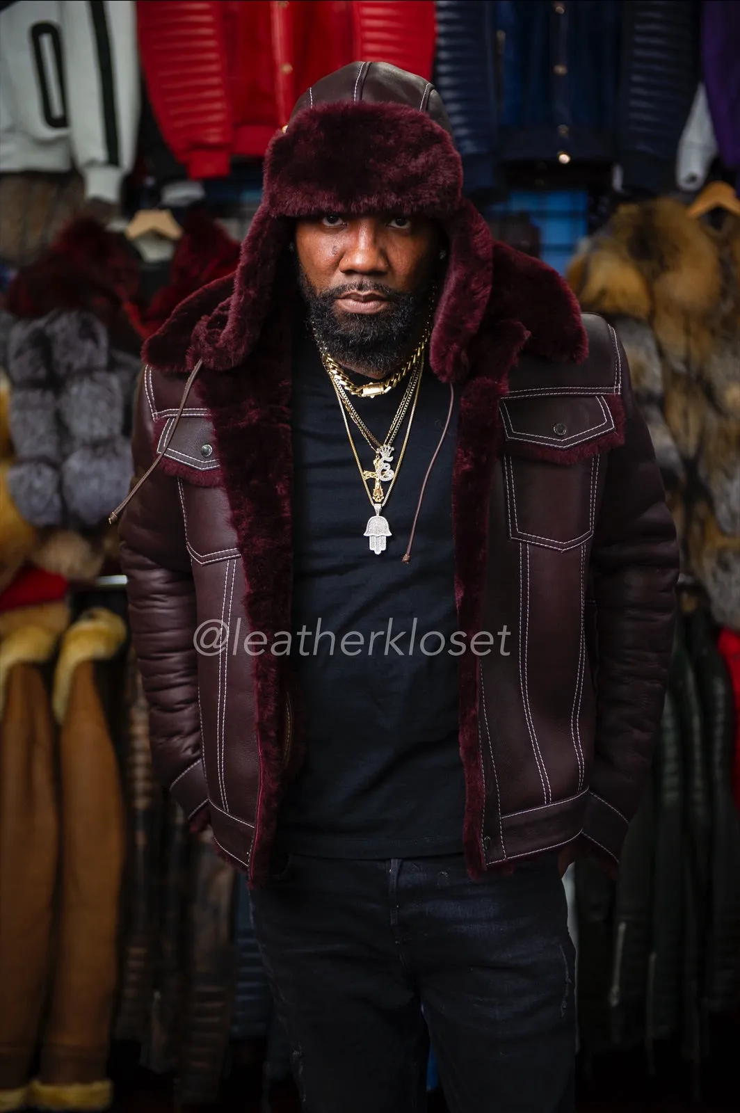 Mens Troy Shearling With Matching Hat [Wine]