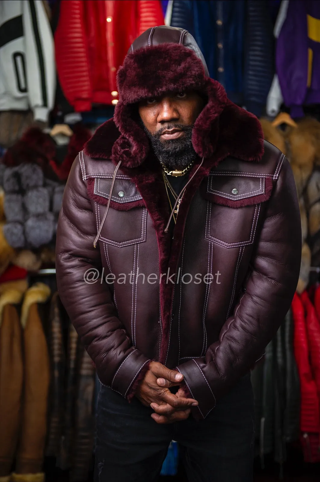 Mens Troy Shearling With Matching Hat [Wine]