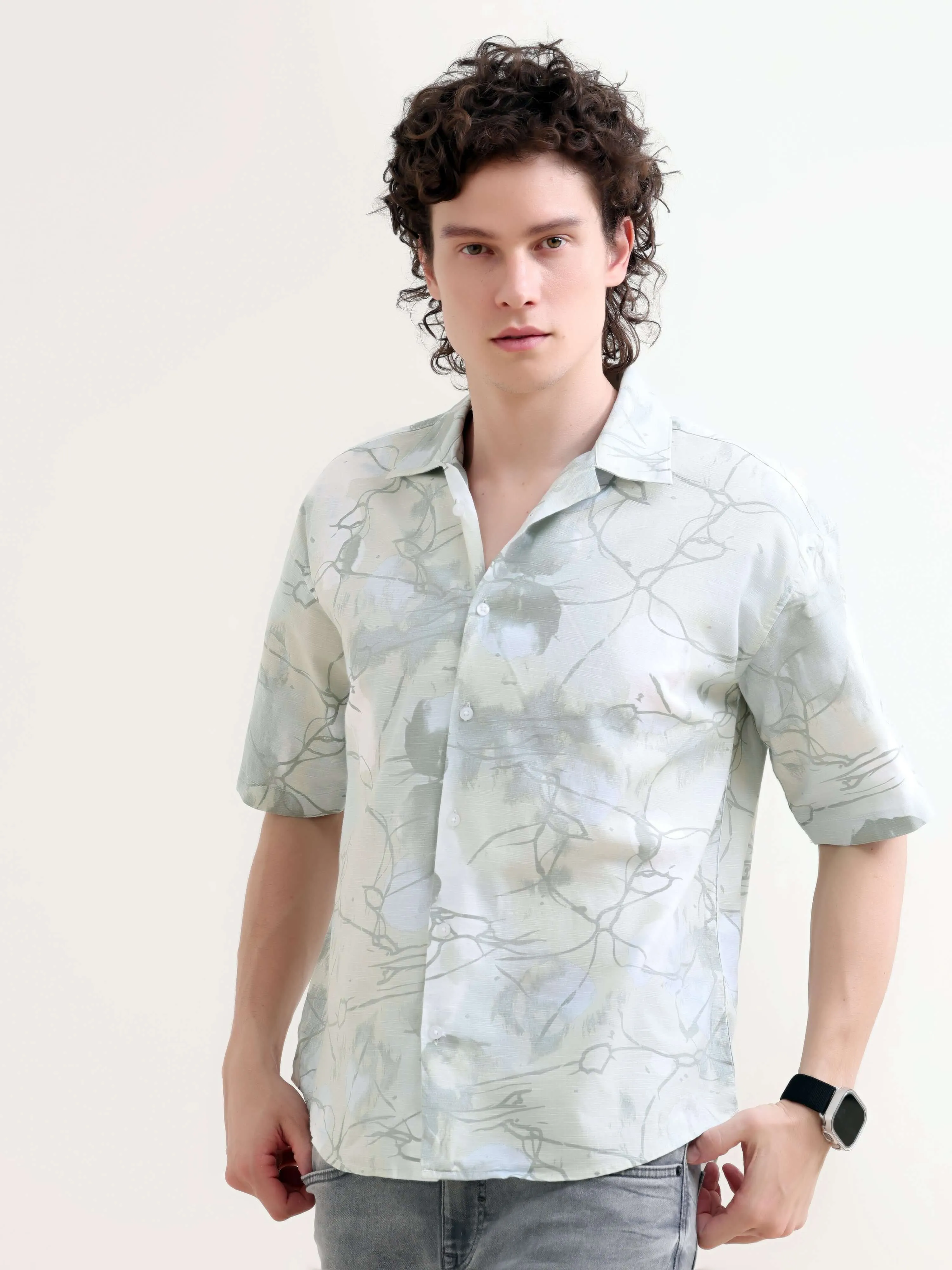 Mirajo dusky green printed oversized shirt