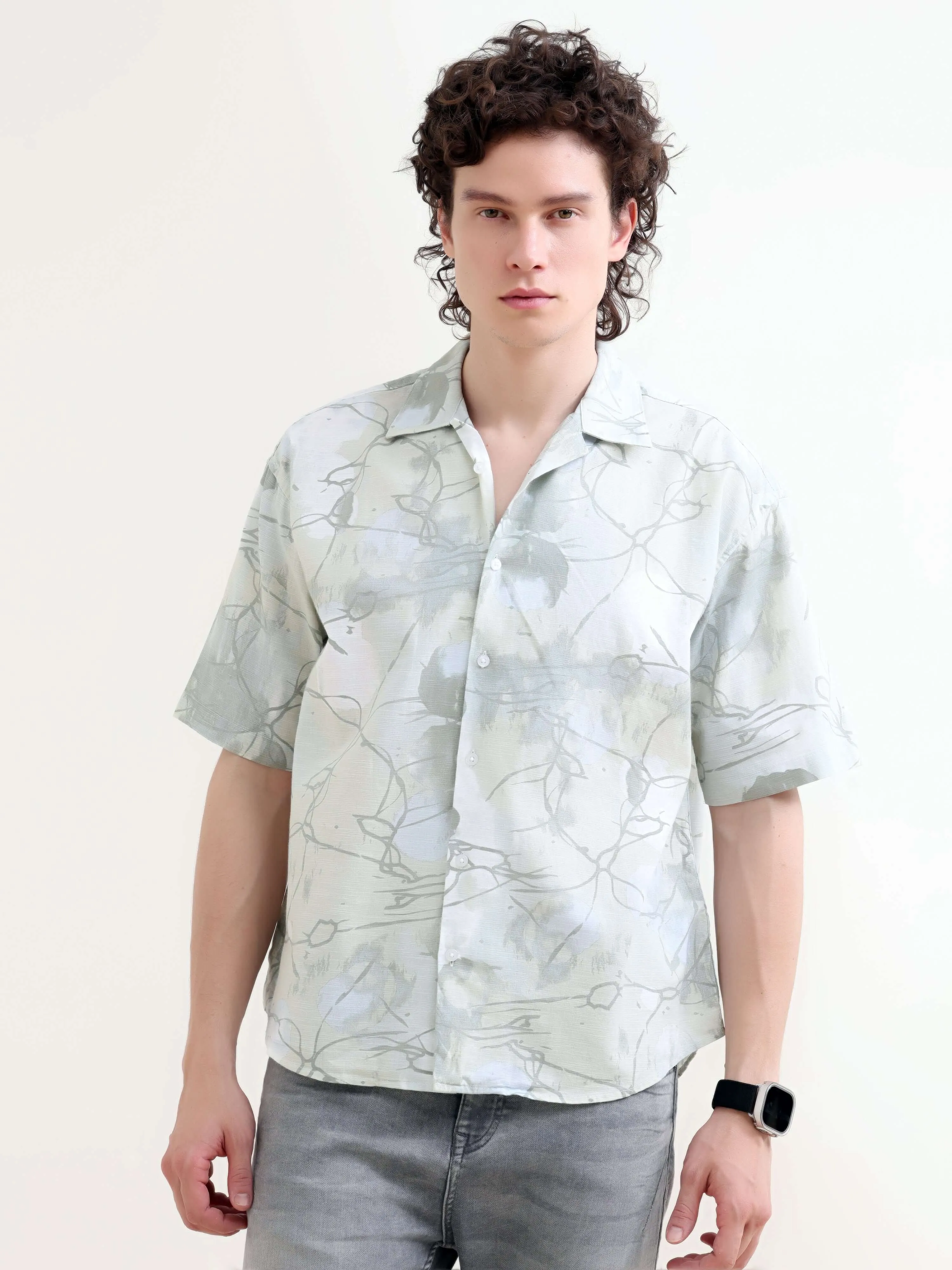 Mirajo dusky green printed oversized shirt