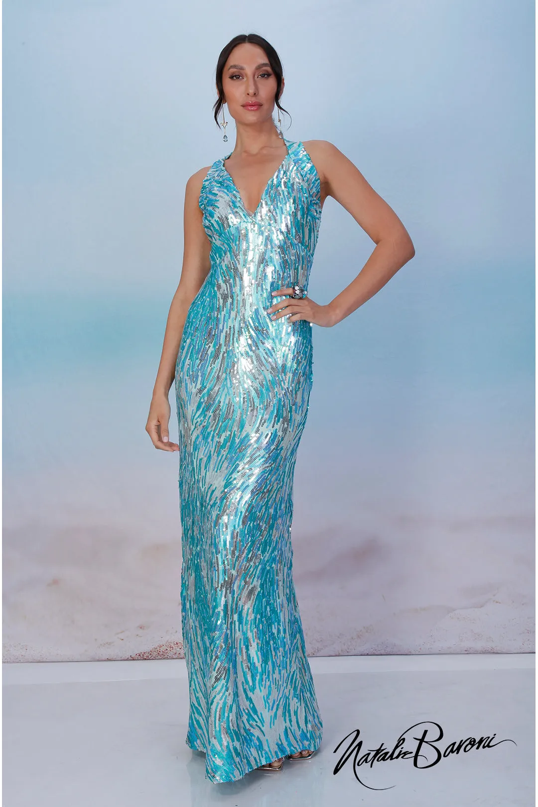 Ocean Blue Sequin Evening Gown - La Scala