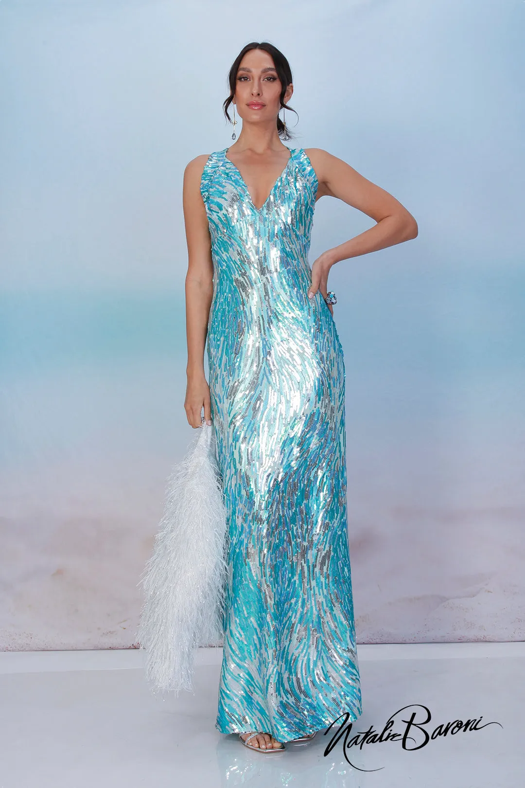 Ocean Blue Sequin Evening Gown - La Scala