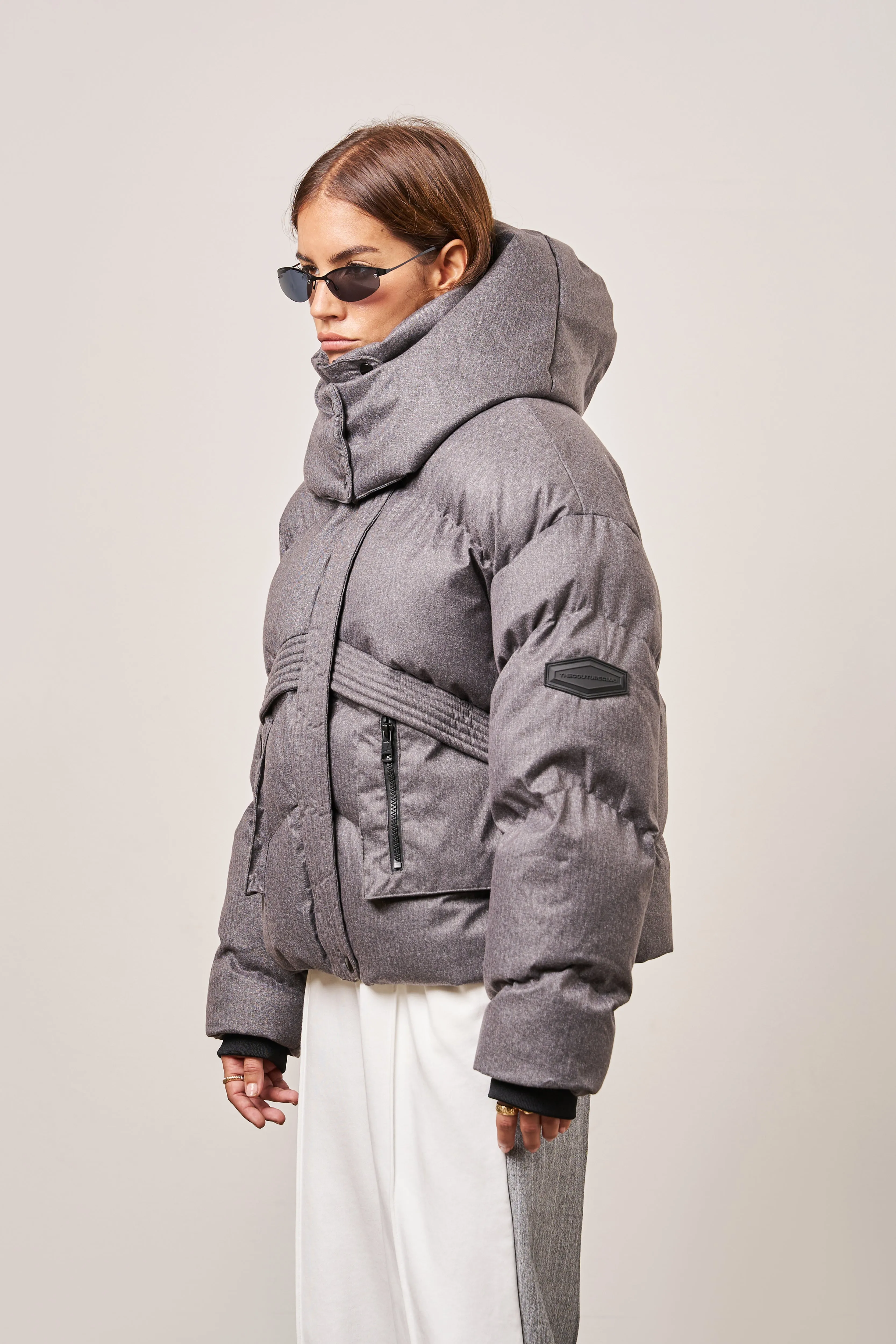 OVERSIZED TIE HEM PUFFER JACKET - GREY