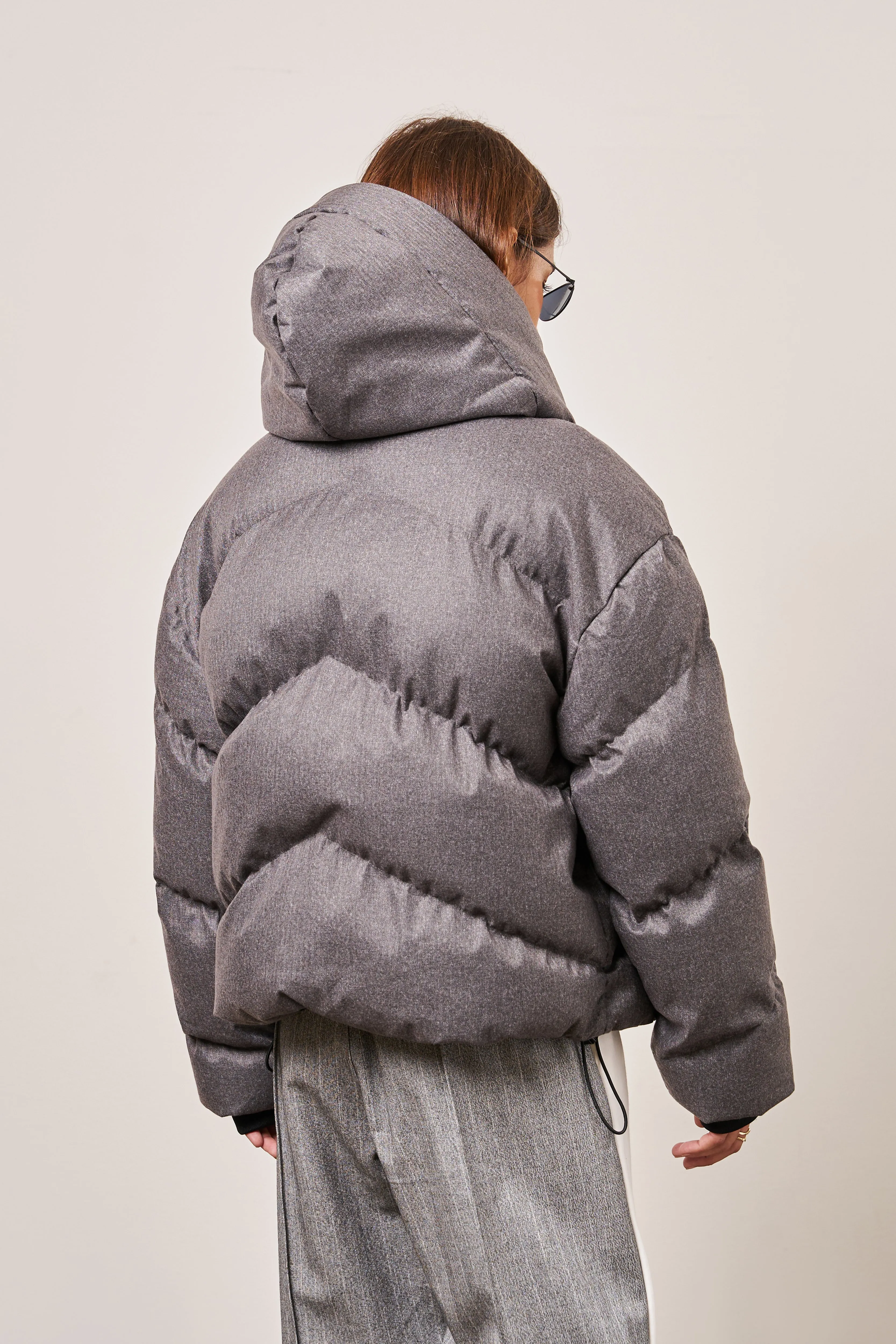 OVERSIZED TIE HEM PUFFER JACKET - GREY