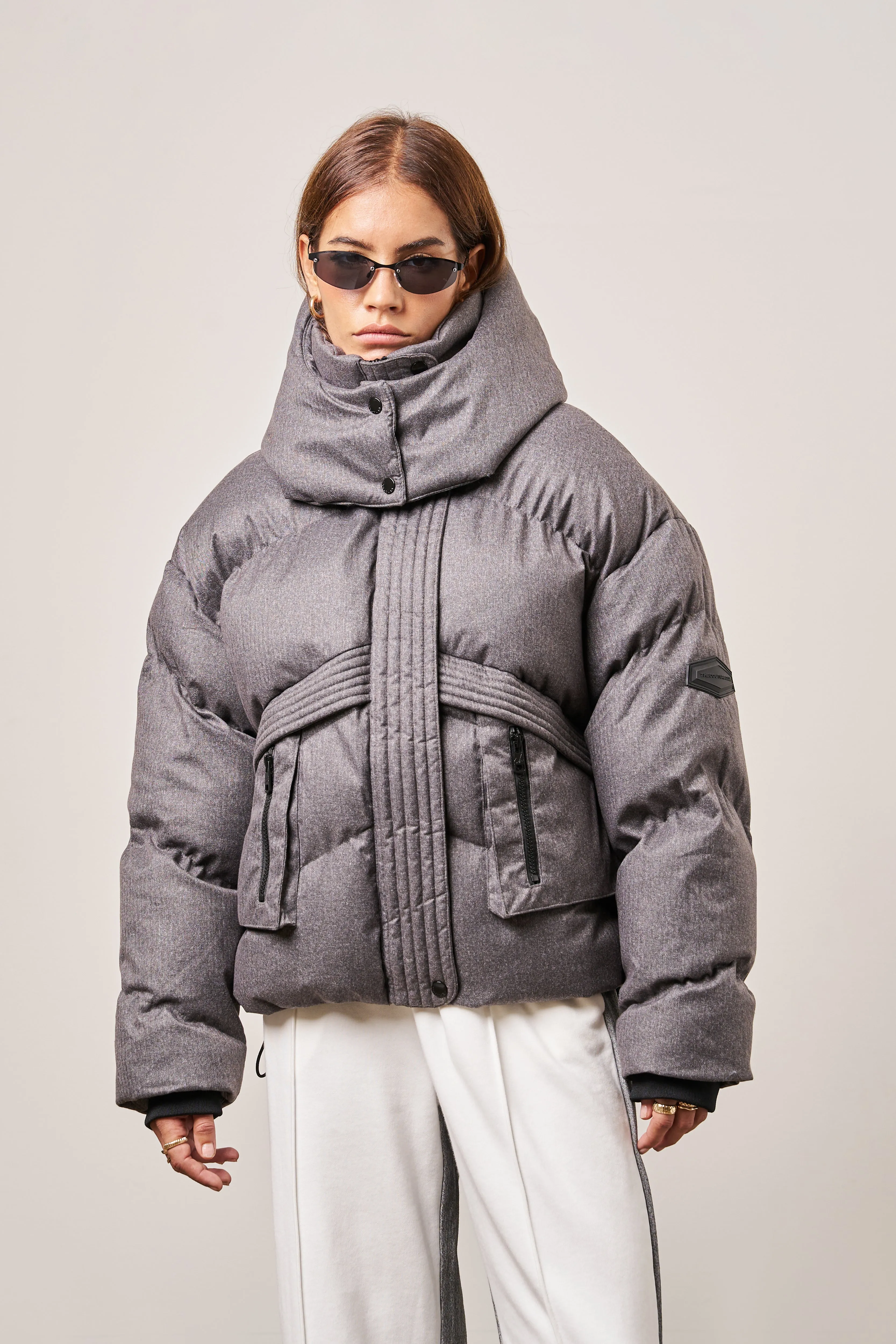 OVERSIZED TIE HEM PUFFER JACKET - GREY