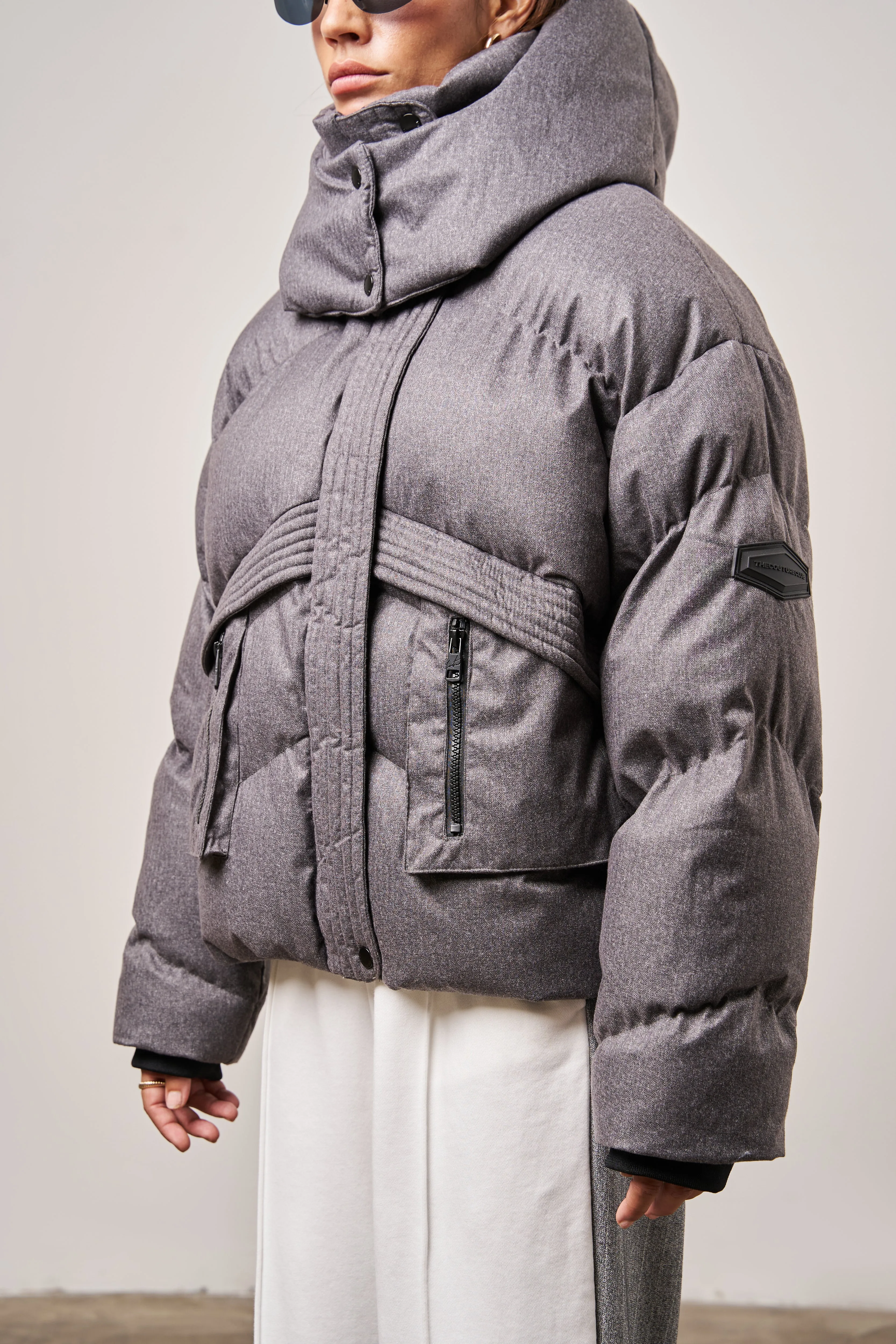 OVERSIZED TIE HEM PUFFER JACKET - GREY