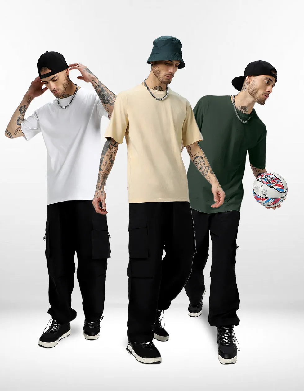 Pack of 3 Oversized Tees: White, Swan White, Olive